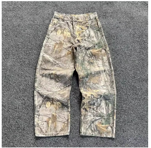 2000s Retro Leaf Print Baggy Jeans – Hip Hop Streetwear Loose Fit